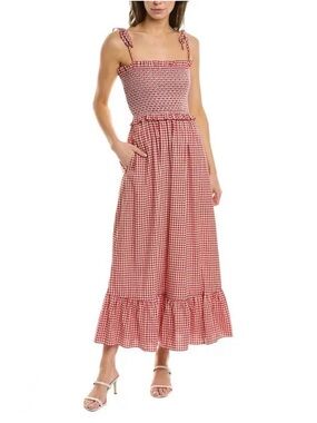 KATE SPADE  Red Gingham Smocked Dress with Tie Straps 96% cotton